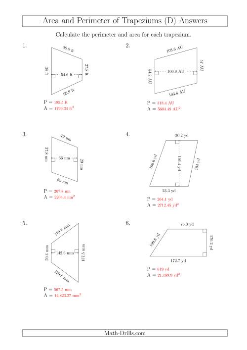 The Calculating Area and Perimeter of Trapeziums (Larger Still Numbers) (D) Math Worksheet Page 2