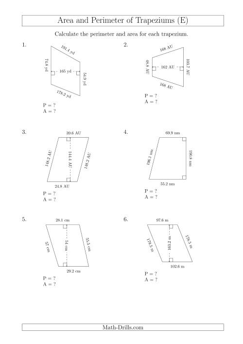 The Calculating Area and Perimeter of Trapeziums (Larger Still Numbers) (E) Math Worksheet