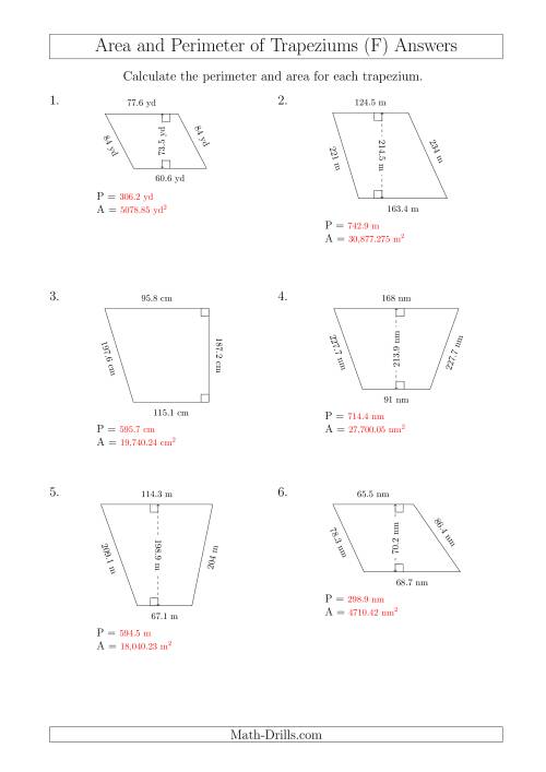 The Calculating Area and Perimeter of Trapeziums (Larger Still Numbers) (F) Math Worksheet Page 2