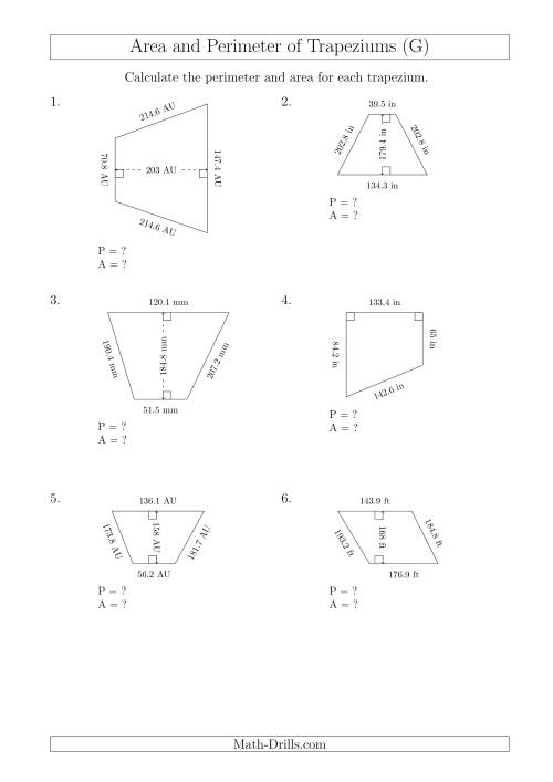 The Calculating Area and Perimeter of Trapeziums (Larger Still Numbers) (G) Math Worksheet