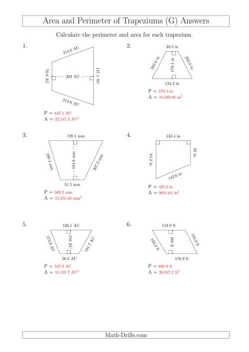 The Calculating Area and Perimeter of Trapeziums (Larger Still Numbers) (G) Math Worksheet Page 2