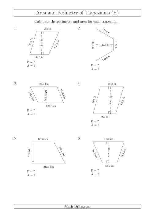 The Calculating Area and Perimeter of Trapeziums (Larger Still Numbers) (H) Math Worksheet