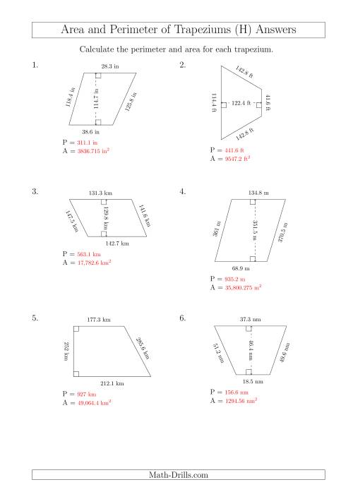 The Calculating Area and Perimeter of Trapeziums (Larger Still Numbers) (H) Math Worksheet Page 2