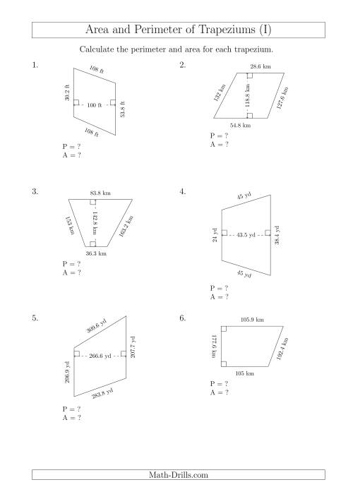The Calculating Area and Perimeter of Trapeziums (Larger Still Numbers) (I) Math Worksheet
