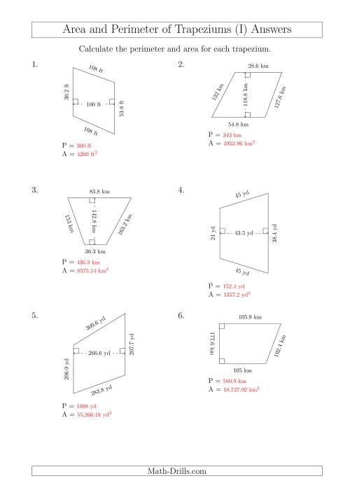The Calculating Area and Perimeter of Trapeziums (Larger Still Numbers) (I) Math Worksheet Page 2