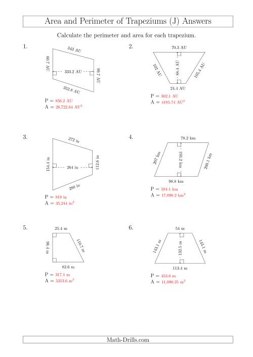 The Calculating Area and Perimeter of Trapeziums (Larger Still Numbers) (J) Math Worksheet Page 2