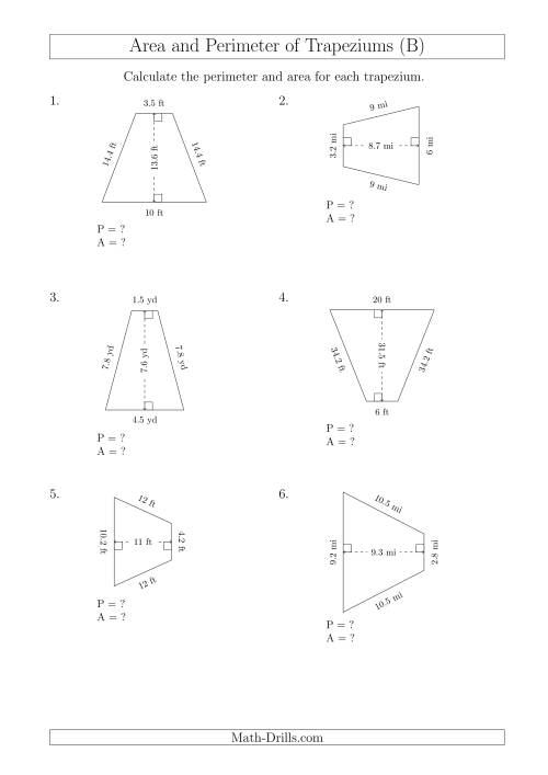 The Calculating Area and Perimeter of Isosceles Trapeziums (B) Math Worksheet