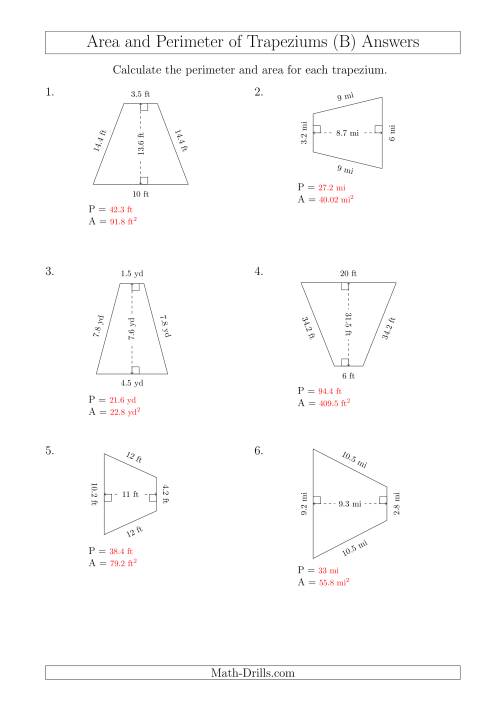 The Calculating Area and Perimeter of Isosceles Trapeziums (B) Math Worksheet Page 2