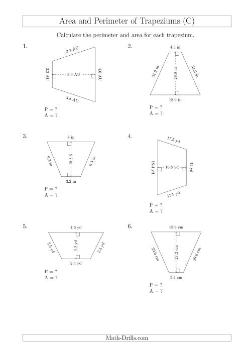 The Calculating Area and Perimeter of Isosceles Trapeziums (C) Math Worksheet