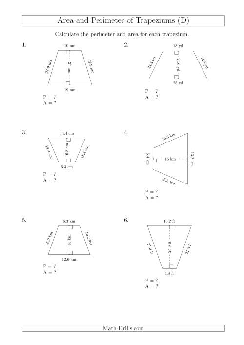 The Calculating Area and Perimeter of Isosceles Trapeziums (D) Math Worksheet
