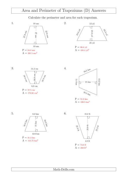 The Calculating Area and Perimeter of Isosceles Trapeziums (D) Math Worksheet Page 2