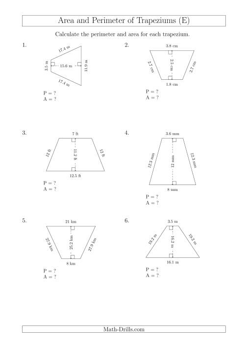 The Calculating Area and Perimeter of Isosceles Trapeziums (E) Math Worksheet