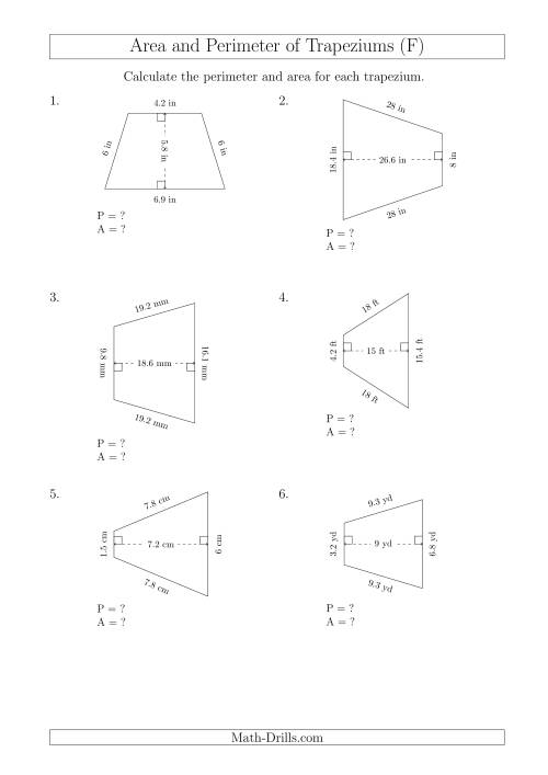 The Calculating Area and Perimeter of Isosceles Trapeziums (F) Math Worksheet