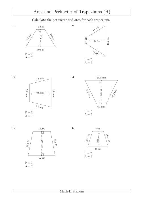 The Calculating Area and Perimeter of Isosceles Trapeziums (H) Math Worksheet