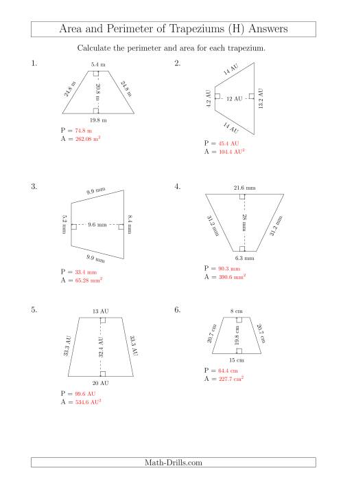 The Calculating Area and Perimeter of Isosceles Trapeziums (H) Math Worksheet Page 2