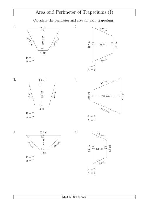 The Calculating Area and Perimeter of Isosceles Trapeziums (I) Math Worksheet
