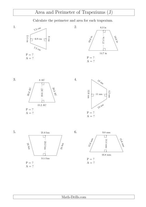 The Calculating Area and Perimeter of Isosceles Trapeziums (J) Math Worksheet