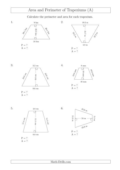 The Calculating Area and Perimeter of Isosceles Trapeziums (All) Math Worksheet