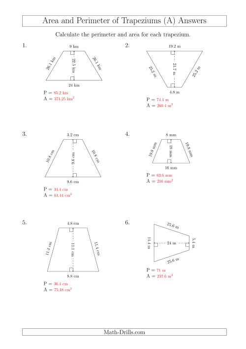 The Calculating Area and Perimeter of Isosceles Trapeziums (All) Math Worksheet Page 2