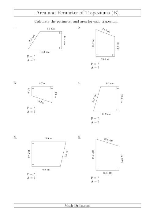 The Calculating Area and Perimeter of Right Trapeziums (B) Math Worksheet