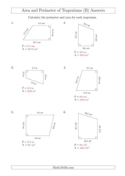 The Calculating Area and Perimeter of Right Trapeziums (B) Math Worksheet Page 2