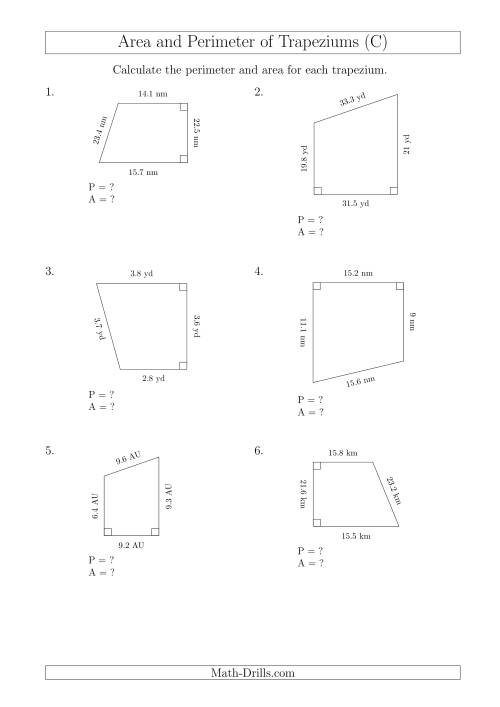 The Calculating Area and Perimeter of Right Trapeziums (C) Math Worksheet