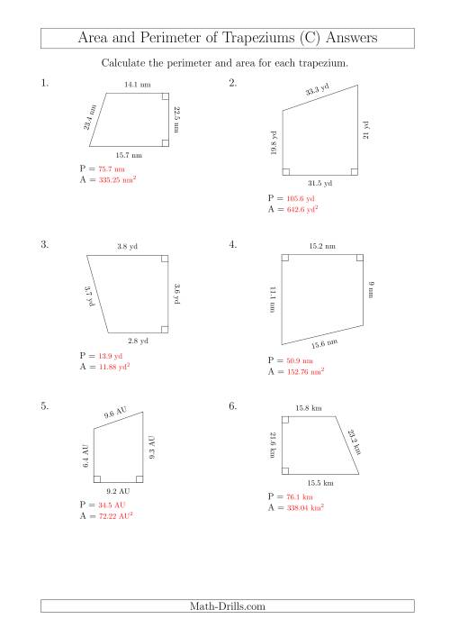 The Calculating Area and Perimeter of Right Trapeziums (C) Math Worksheet Page 2