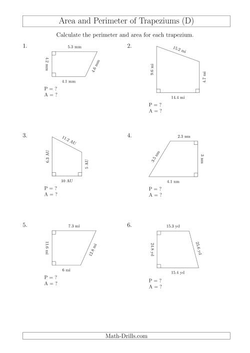 The Calculating Area and Perimeter of Right Trapeziums (D) Math Worksheet