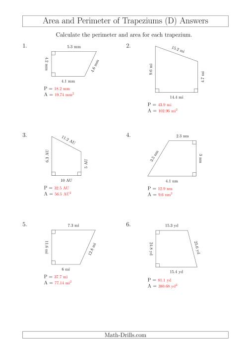 The Calculating Area and Perimeter of Right Trapeziums (D) Math Worksheet Page 2