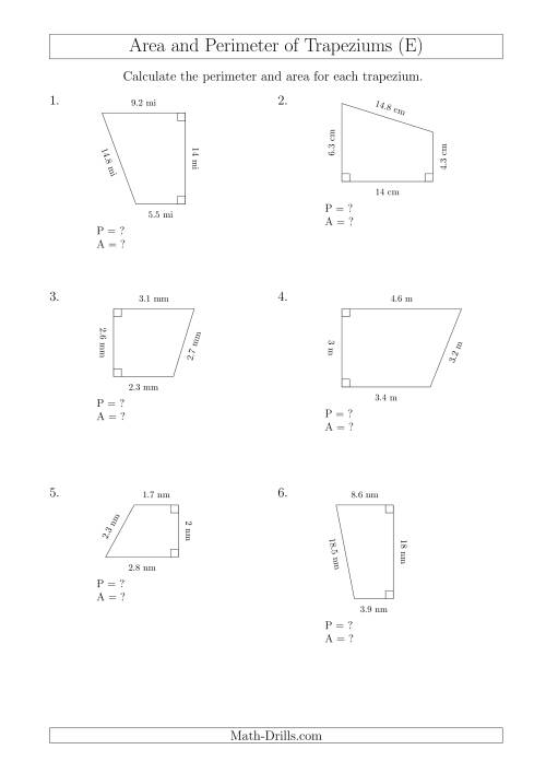 The Calculating Area and Perimeter of Right Trapeziums (E) Math Worksheet