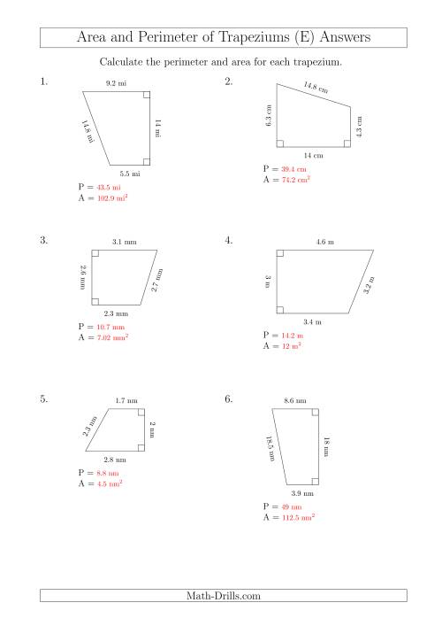The Calculating Area and Perimeter of Right Trapeziums (E) Math Worksheet Page 2