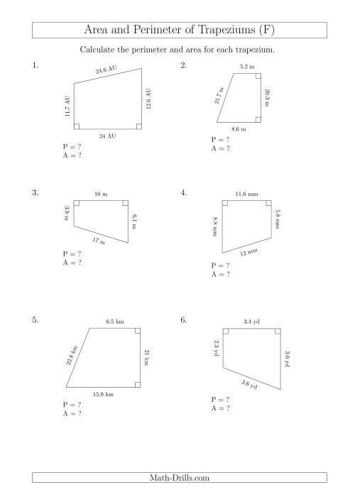 The Calculating Area and Perimeter of Right Trapeziums (F) Math Worksheet