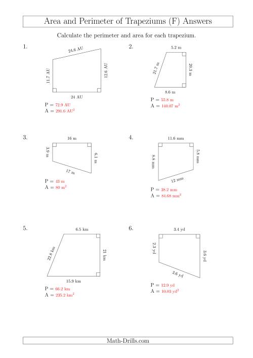 The Calculating Area and Perimeter of Right Trapeziums (F) Math Worksheet Page 2