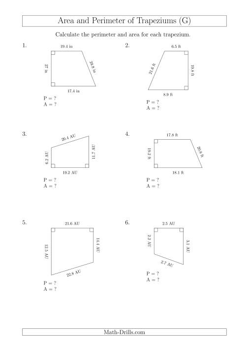 The Calculating Area and Perimeter of Right Trapeziums (G) Math Worksheet