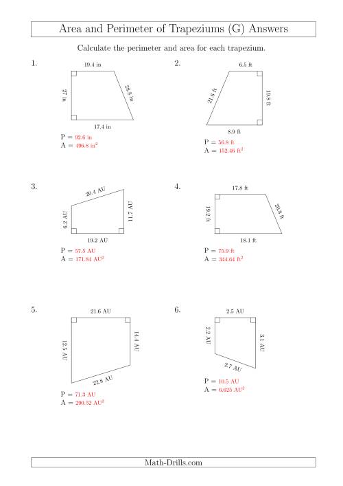 The Calculating Area and Perimeter of Right Trapeziums (G) Math Worksheet Page 2