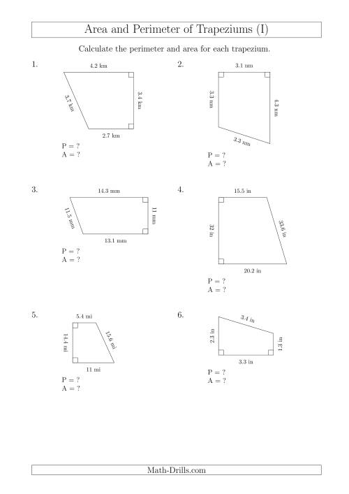 The Calculating Area and Perimeter of Right Trapeziums (I) Math Worksheet