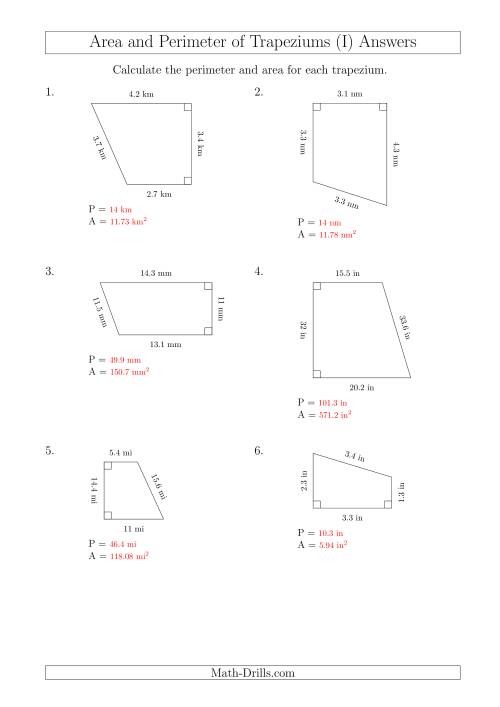 The Calculating Area and Perimeter of Right Trapeziums (I) Math Worksheet Page 2