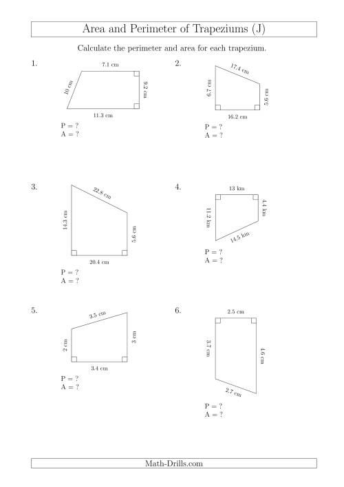 The Calculating Area and Perimeter of Right Trapeziums (J) Math Worksheet