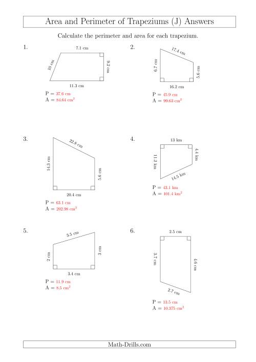 The Calculating Area and Perimeter of Right Trapeziums (J) Math Worksheet Page 2