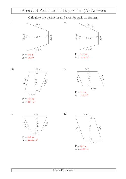 The Calculating Area and Perimeter of Scalene Trapeziums (A) Math Worksheet Page 2