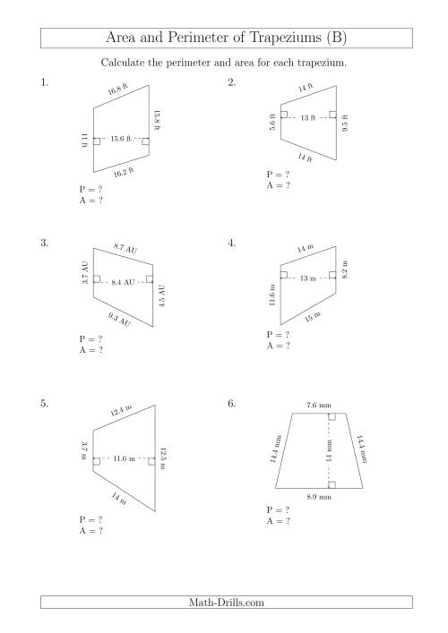 The Calculating Area and Perimeter of Scalene Trapeziums (B) Math Worksheet