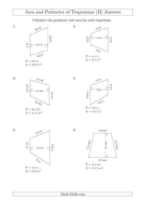 The Calculating Area and Perimeter of Scalene Trapeziums (B) Math Worksheet Page 2
