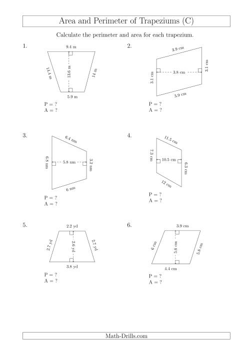 The Calculating Area and Perimeter of Scalene Trapeziums (C) Math Worksheet
