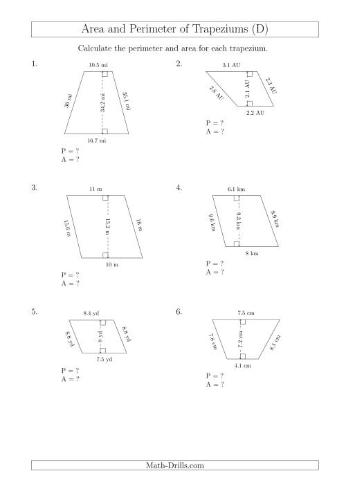 The Calculating Area and Perimeter of Scalene Trapeziums (D) Math Worksheet