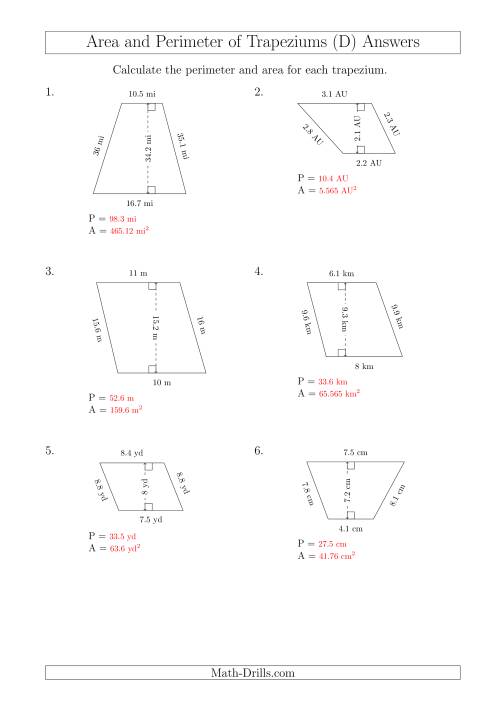 The Calculating Area and Perimeter of Scalene Trapeziums (D) Math Worksheet Page 2