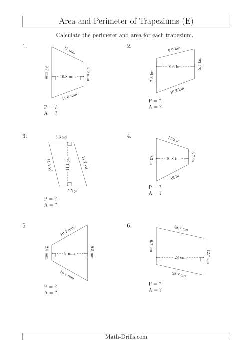 The Calculating Area and Perimeter of Scalene Trapeziums (E) Math Worksheet
