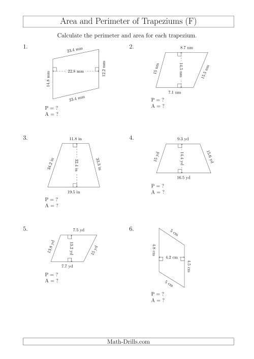The Calculating Area and Perimeter of Scalene Trapeziums (F) Math Worksheet