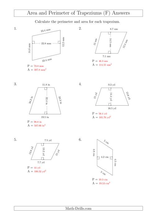 The Calculating Area and Perimeter of Scalene Trapeziums (F) Math Worksheet Page 2