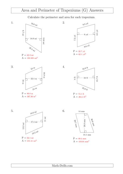 The Calculating Area and Perimeter of Scalene Trapeziums (G) Math Worksheet Page 2