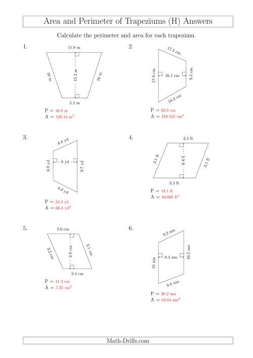 The Calculating Area and Perimeter of Scalene Trapeziums (H) Math Worksheet Page 2